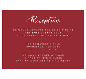 Alluring Floral Wedding Reception Card; dark red background with white text