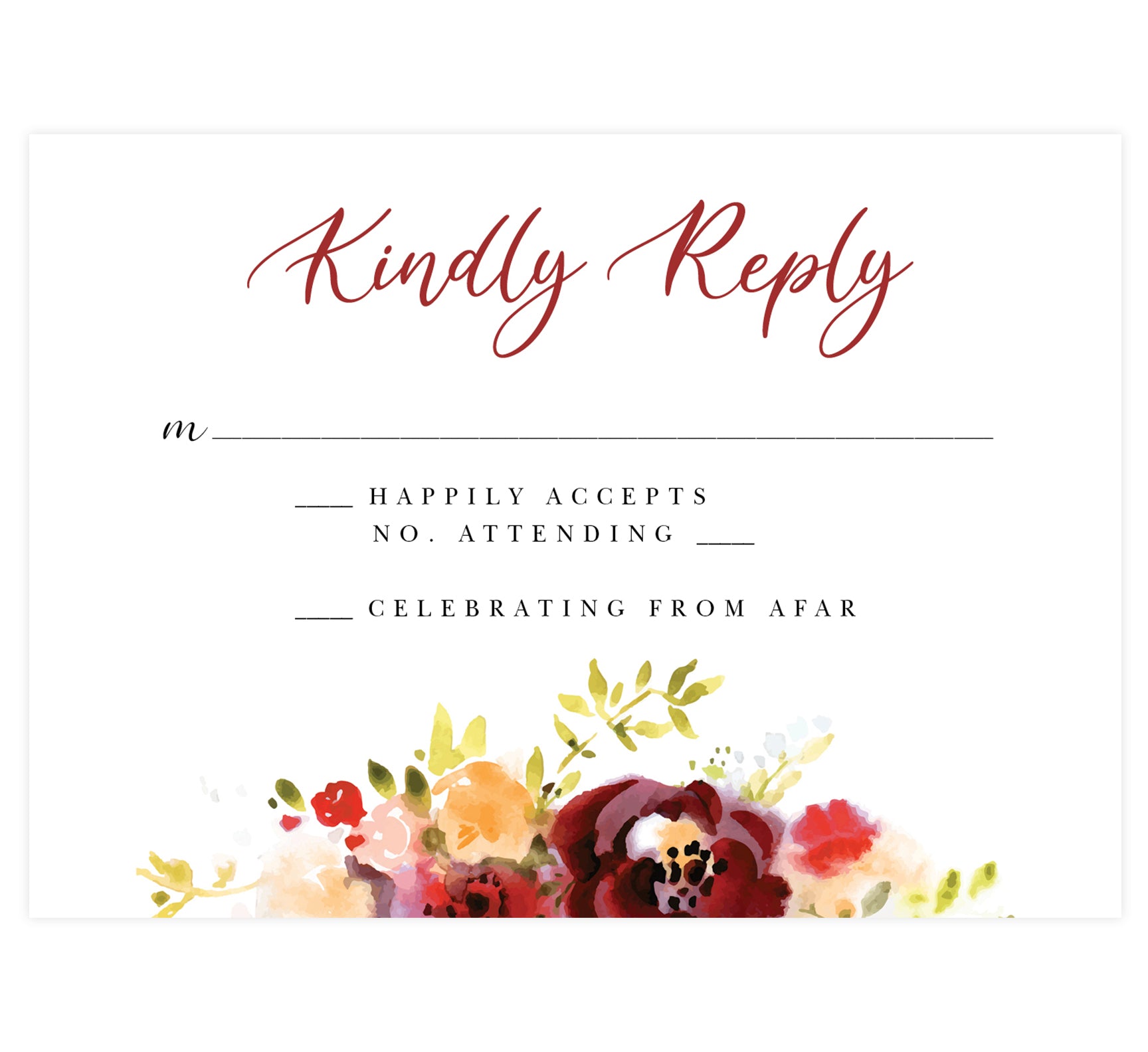Alluring Floral Wedding Response Card; white background with watercolor florals on the bottom edge and black and red text