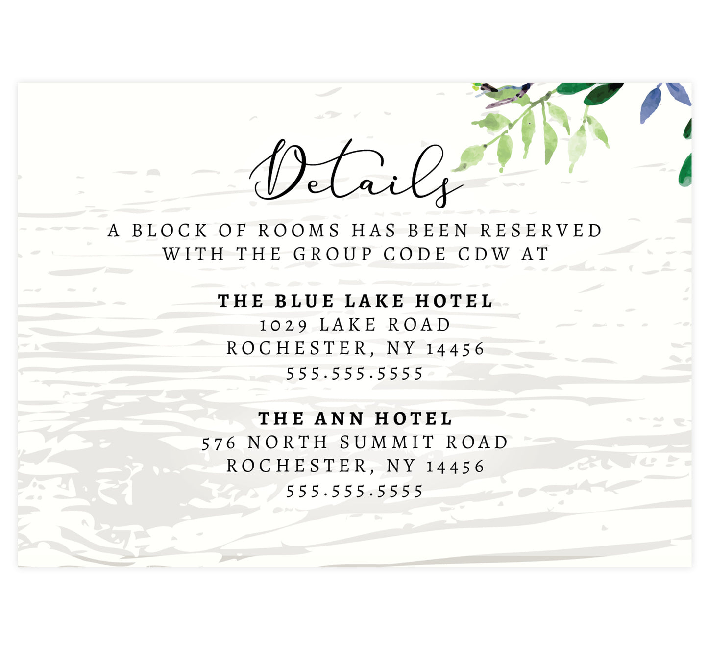 Elegant Purple Watercolor Wedding Detail/Accommodation card; white wash wood background with watercolor greenery on the top right hand corner and black text