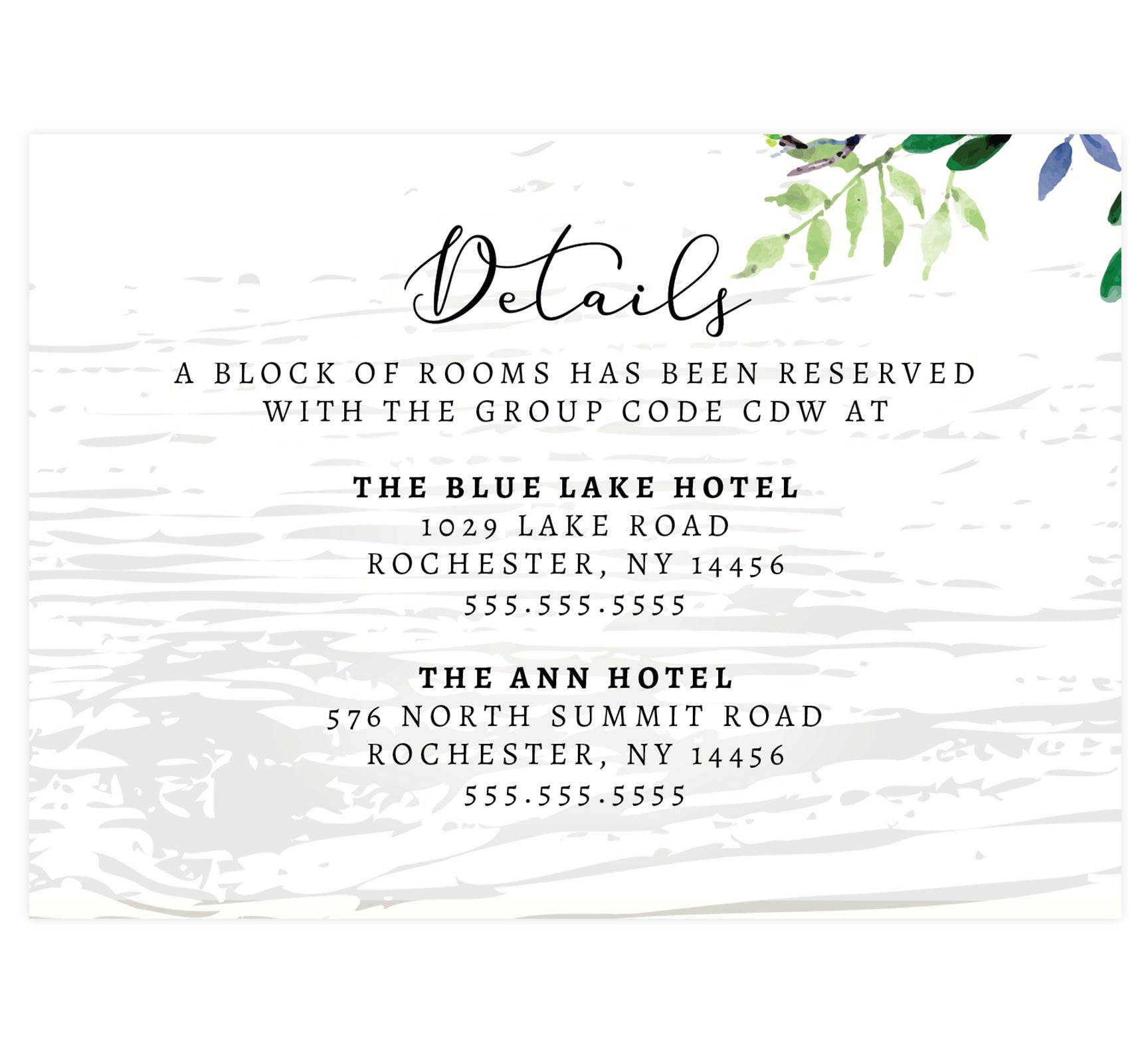 Elegant Purple Watercolor Wedding Detail/Accommodation card; white wash wood background with watercolor greenery on the top right hand corner and black text