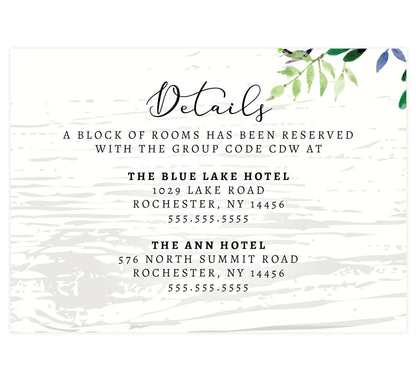 Elegant Purple Watercolor Wedding Detail/Accommodation card; white wash wood background with watercolor greenery on the top right hand corner and black text