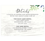 Load image into Gallery viewer, Elegant Purple Watercolor Wedding Detail/Accommodation card; white wash wood background with watercolor greenery on the top right hand corner and black text
