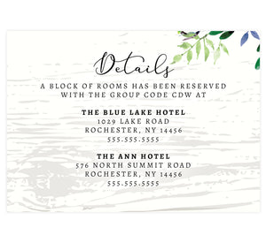Elegant Purple Watercolor Wedding Detail/Accommodation card; white wash wood background with watercolor greenery on the top right hand corner and black text