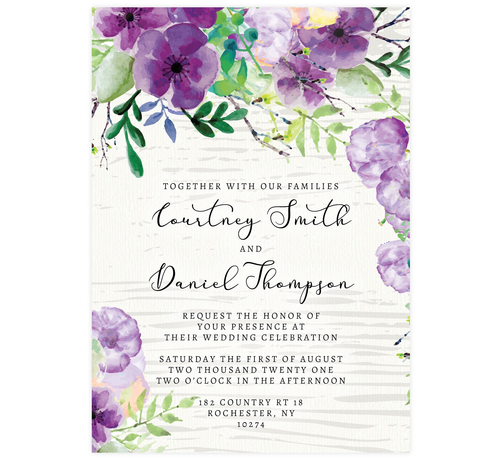 Elegant Purple Watercolor Wedding Invitation; white washed wood with black text and purple watercolor flowers on the top edge and bottom left corner.