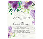 Load image into Gallery viewer, Elegant Purple Watercolor Wedding Invitation; white washed wood with black text and purple watercolor flowers on the top edge and bottom left corner.
