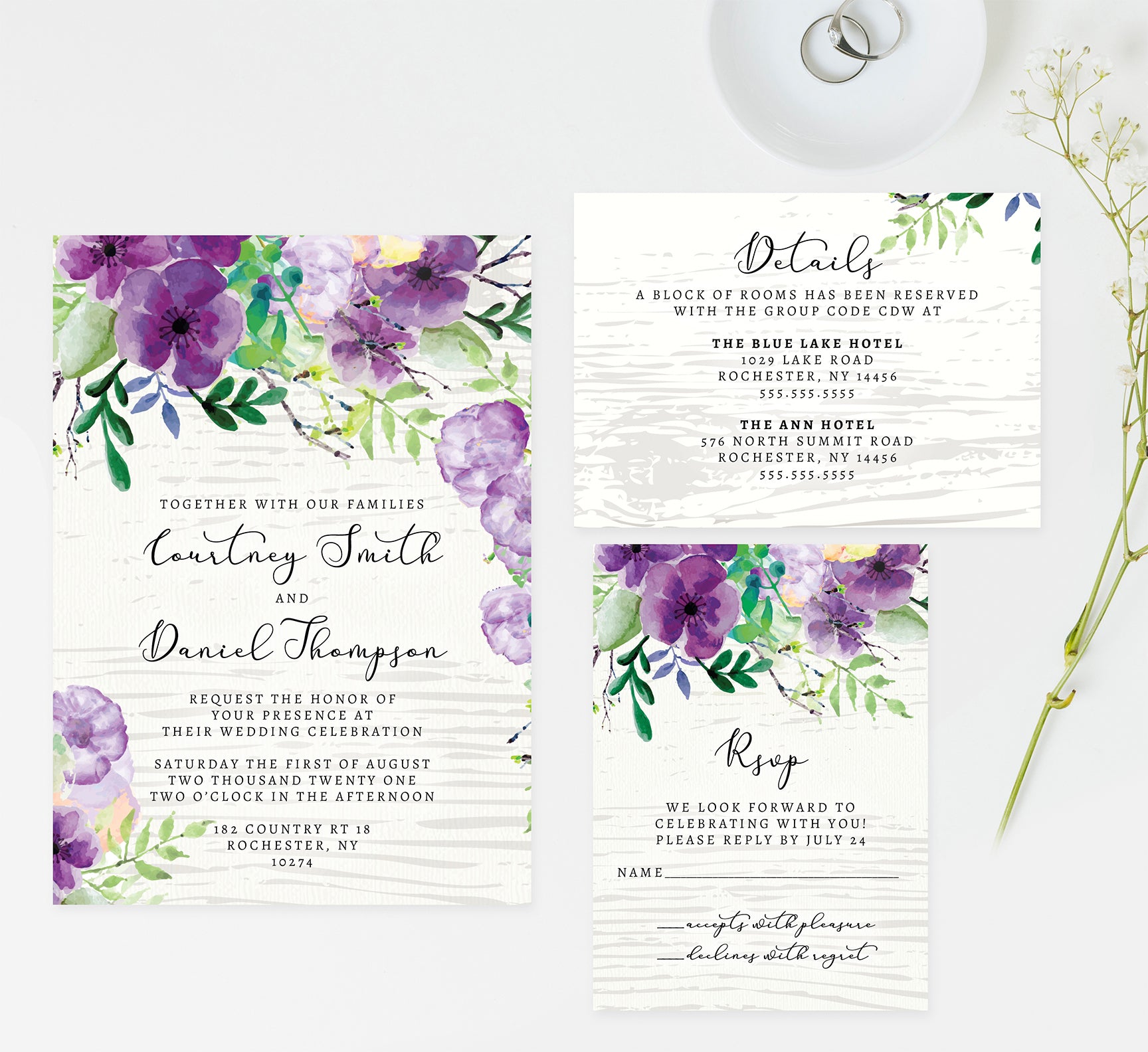 Elegant Purple Watercolor Wedding Invitation and Set Mockup