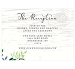 Load image into Gallery viewer, Elegant Purple Watercolor Wedding Reception Card; white washed wood background with black text and greenery in the bottom left corner.
