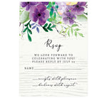 Load image into Gallery viewer, Elegant Purple Watercolor Wedding Response Card; white washed wood background with black text and purple watercolor flowers on the top edge
