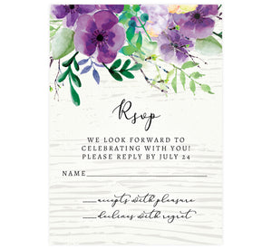 Elegant Purple Watercolor Wedding Response Card; white washed wood background with black text and purple watercolor flowers on the top edge