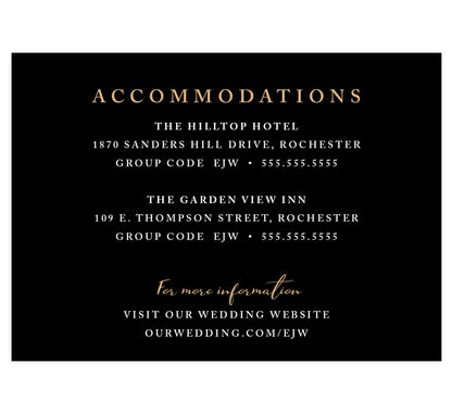 Succulent Frame Wedding accommodations/detail card; black background with white and gold text