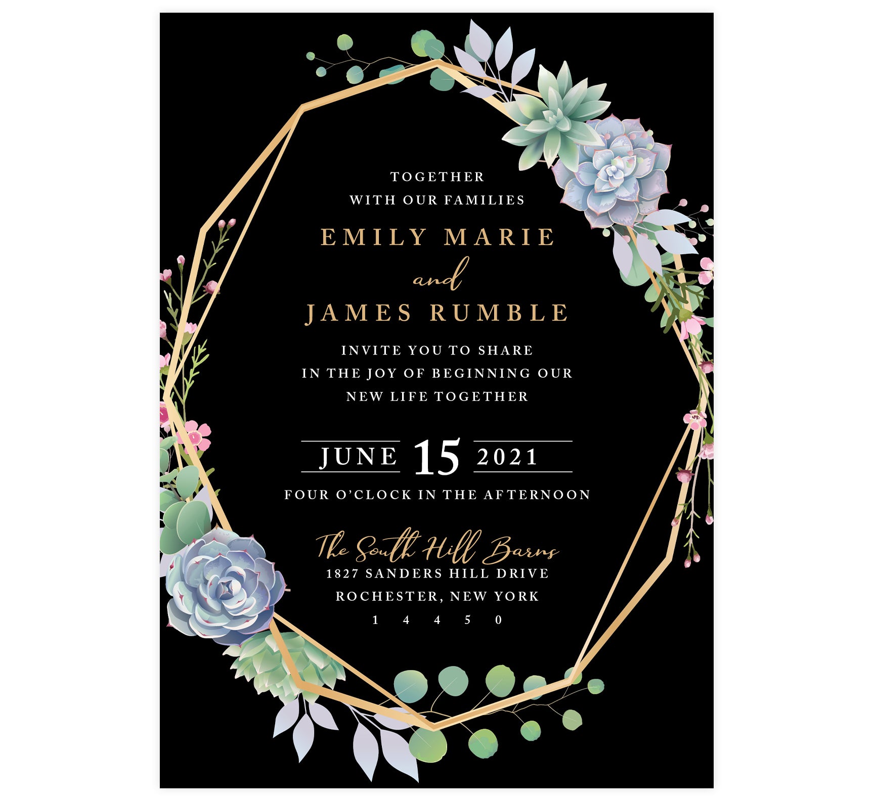 Succulent Frame Wedding Invitation; black background with gold frame, succulent son the top right and bottom left edges of the frame. White and gold text for the information