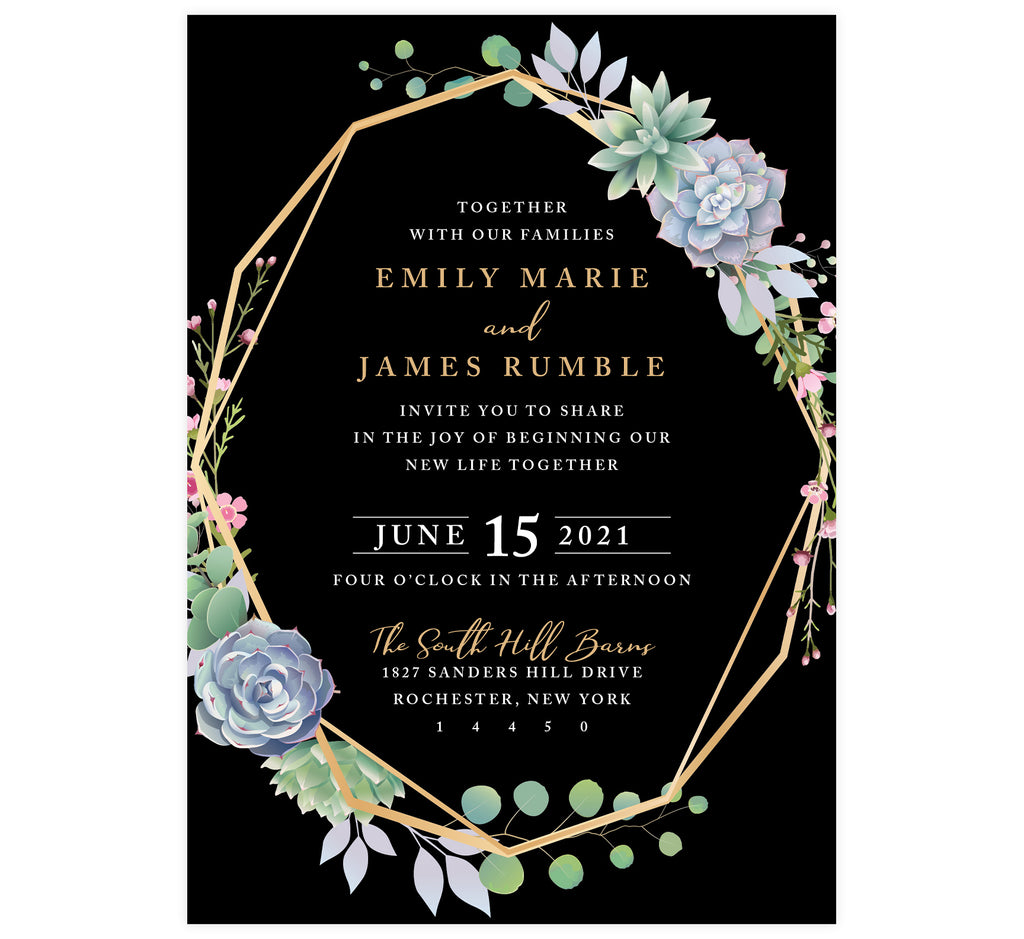 Succulent Frame Wedding Invitation; black background with gold frame, succulent son the top right and bottom left edges of the frame. White and gold text for the information