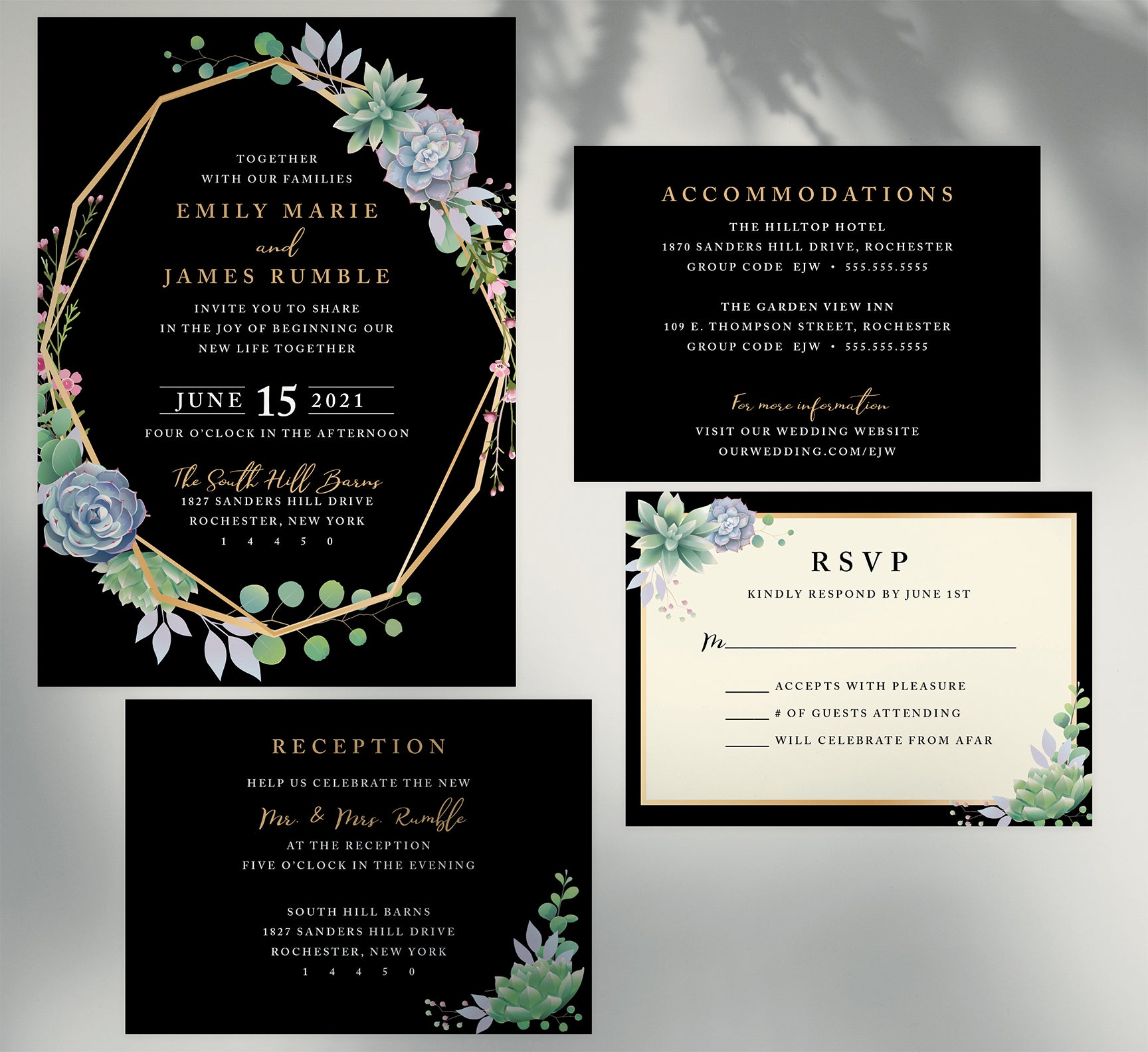 Succulent Frame Wedding Invitation and Set Mockup