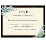 Load image into Gallery viewer, Succulent Frame Wedding Response Card; RSVP Card with black and cream background, gold frame, black text and succulents in the top left and bottom right hand corner
