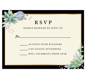 Succulent Frame Wedding Response Card; RSVP Card with black and cream background, gold frame, black text and succulents in the top left and bottom right hand corner