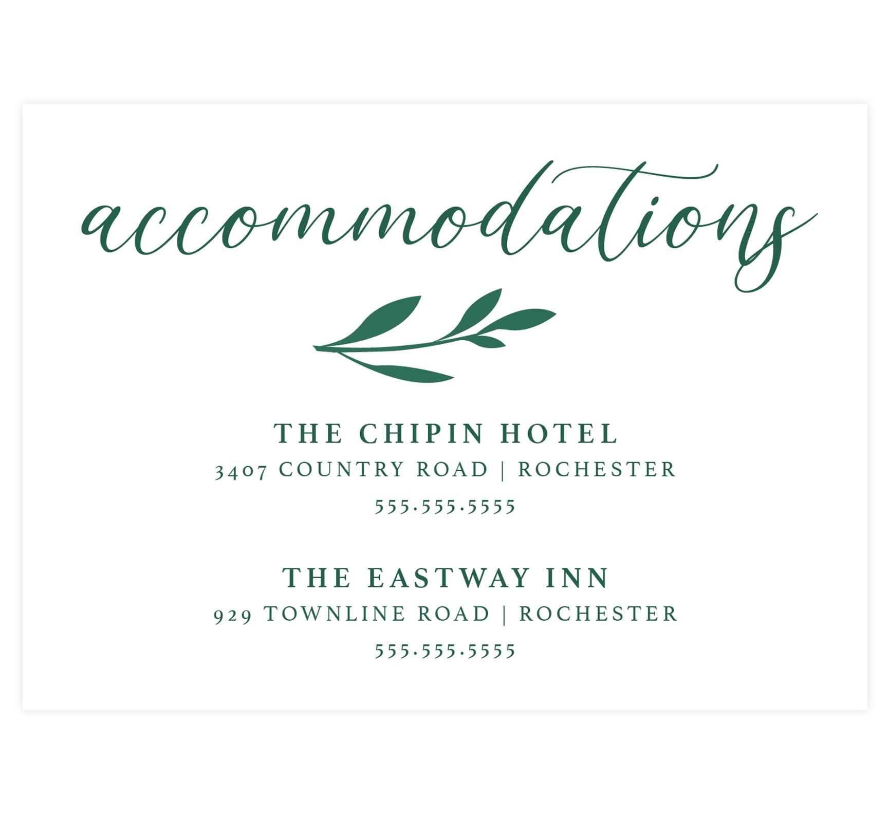 Emerald Greenery wedding accommodations/Details card; white background with green text