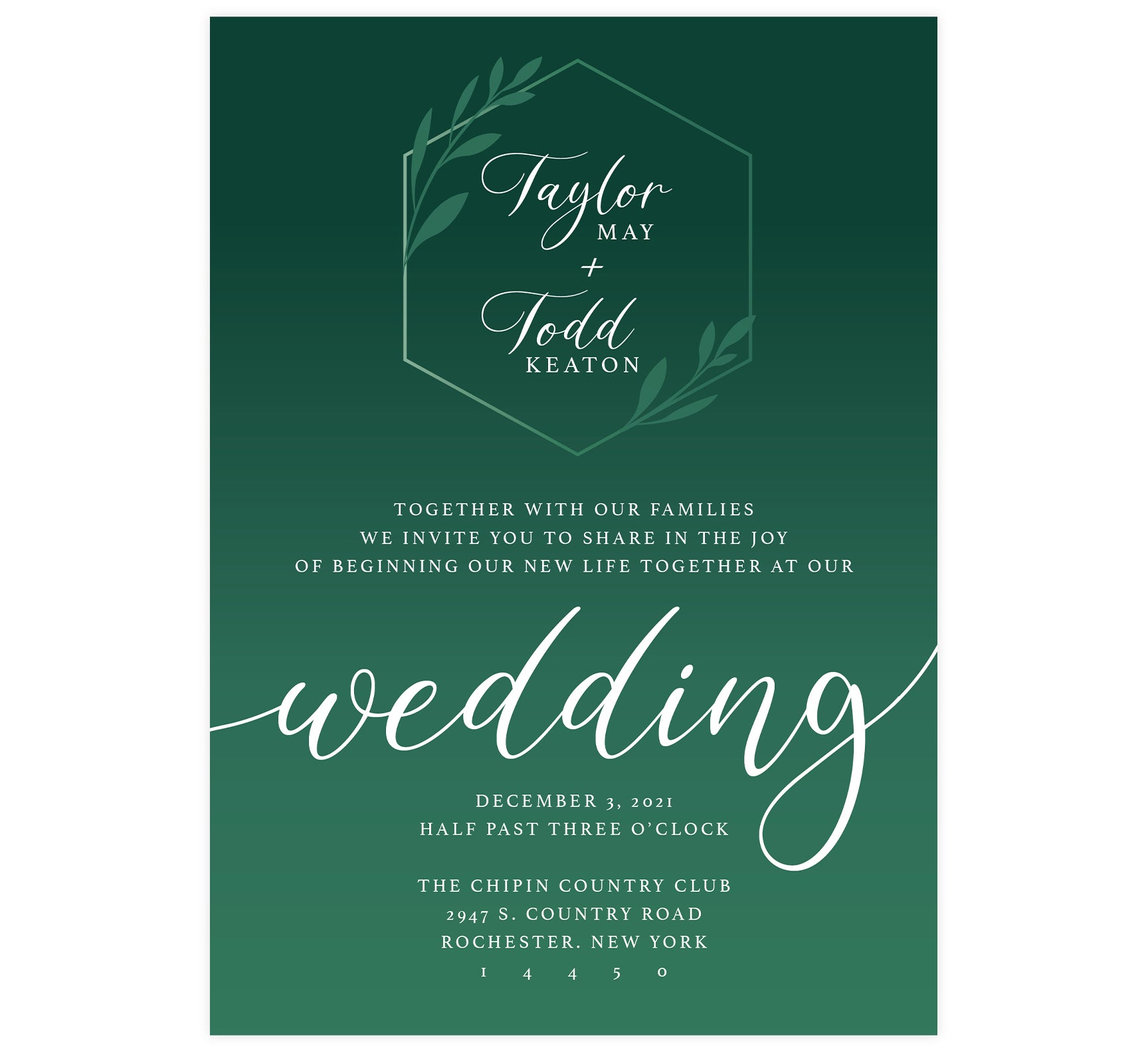 Emerald Green Wedding invitation; white text with dark emerald green background and lighter green geometric shape and leaves