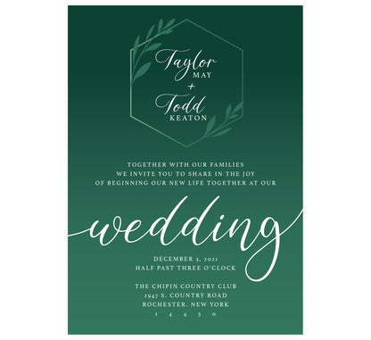 Emerald Green Wedding invitation; white text with dark emerald green background and lighter green geometric shape and leaves