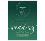 Load image into Gallery viewer, Emerald Green Wedding invitation; white text with dark emerald green background and lighter green geometric shape and leaves
