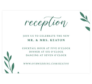 Emerald Greenery wedding reception card; white background with green text and green leaves in the corners
