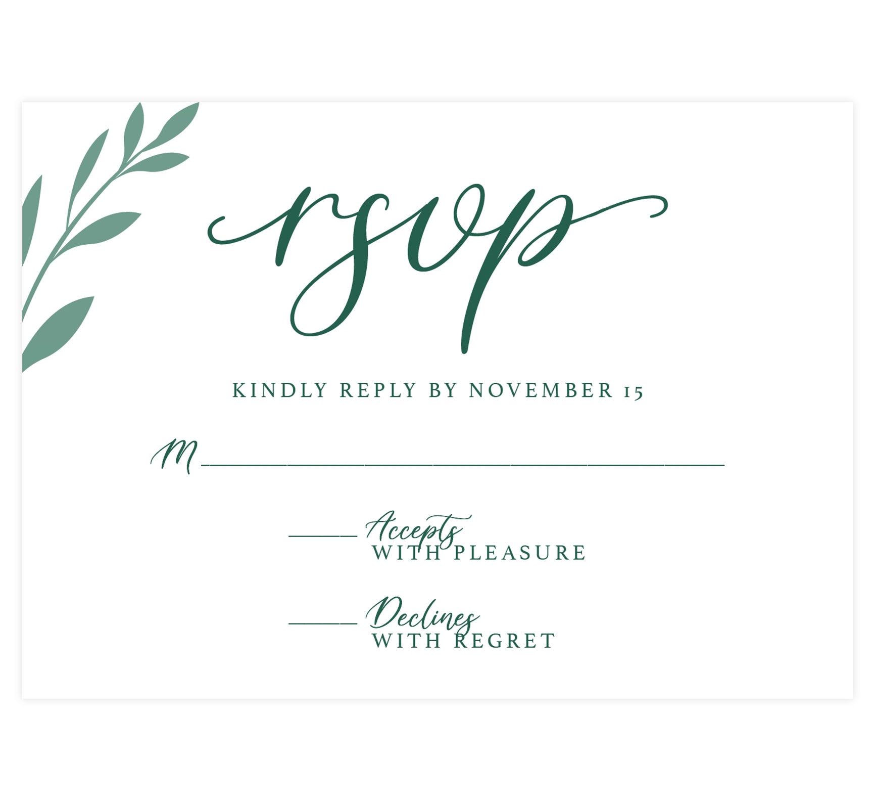 Emerald Greenery wedding response card; white background with green text