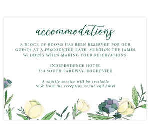Romantic White Rose wedding accommodations/detail card; white background with white roses on bottom edge and green text