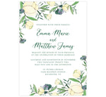 Load image into Gallery viewer, Romantic White Rose wedding invitation card; white background with white rose florals in the corners and green text.
