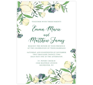Romantic White Rose wedding invitation card; white background with white rose florals in the corners and green text.