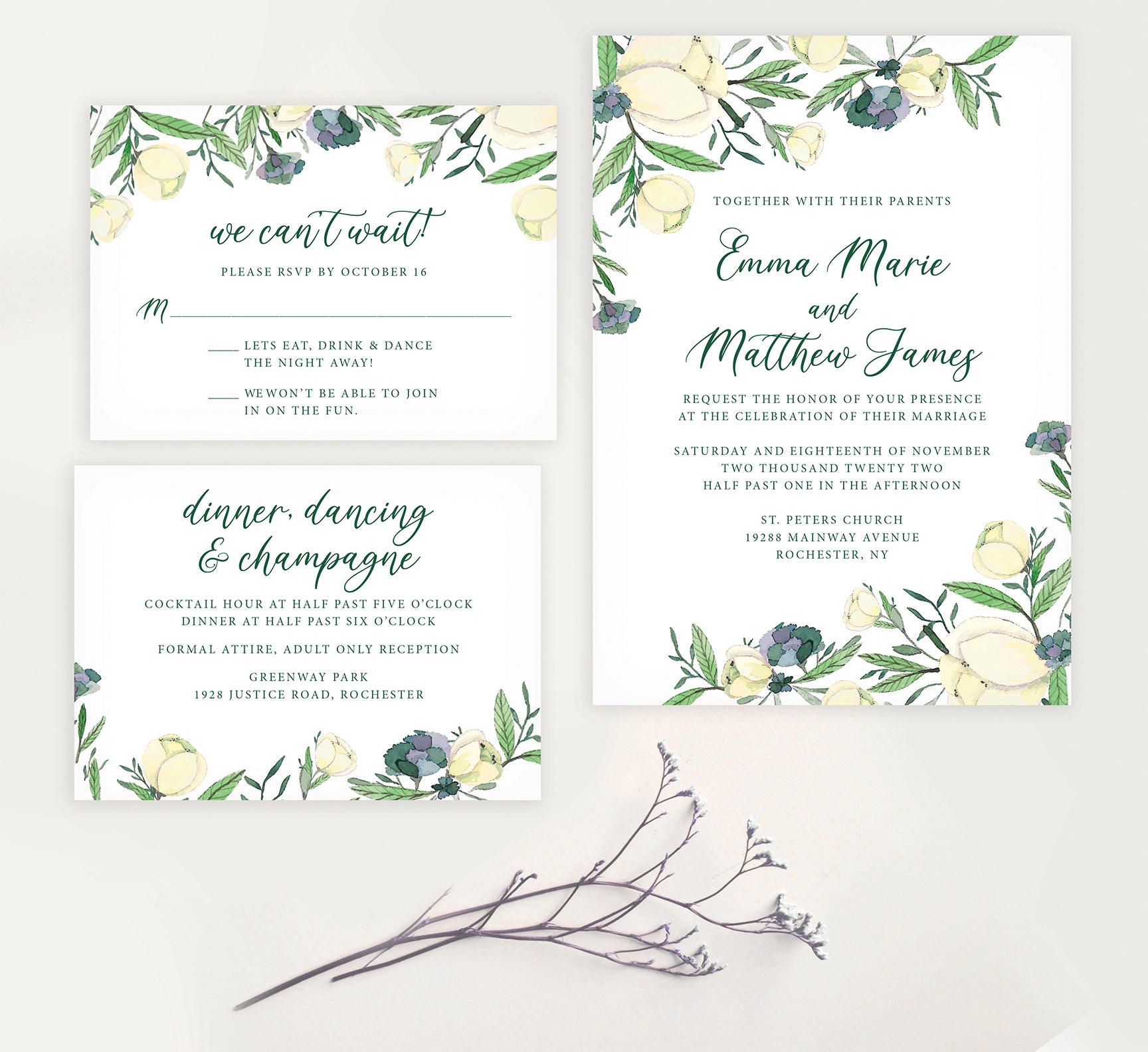 Romantic White Rose Wedding Invitation | Printing by Penny Lane