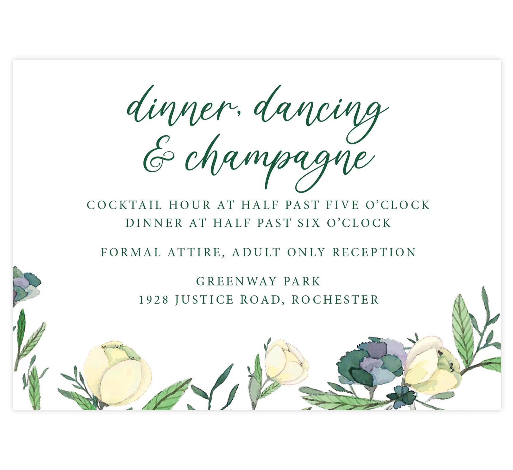 Romantic White Rose wedding reception card; white background with white roses on bottom edge and green text
