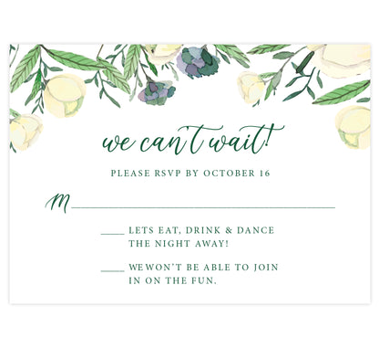 romantic white rose wedding response card; white background with white roses on the top edge and green text