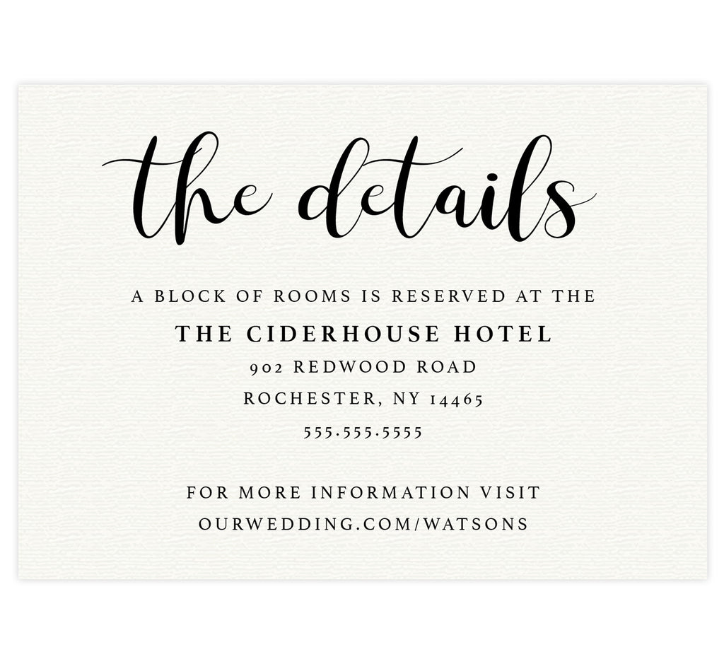 Bright and Beautiful wedding accommodations/detail card; cream paper textured background with black text.
