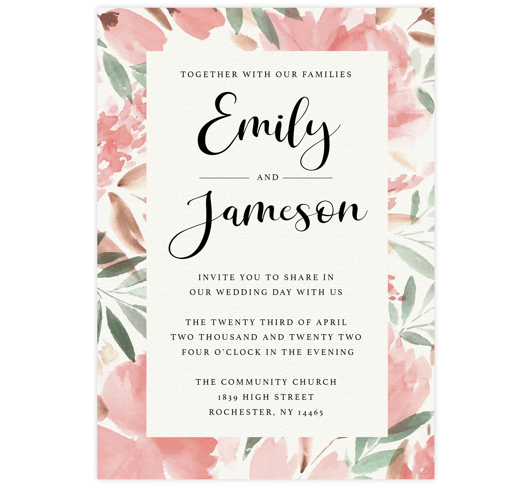 Bright and Beautiful wedding invitation; textured paper background with large watercolor pink floral frame and black text