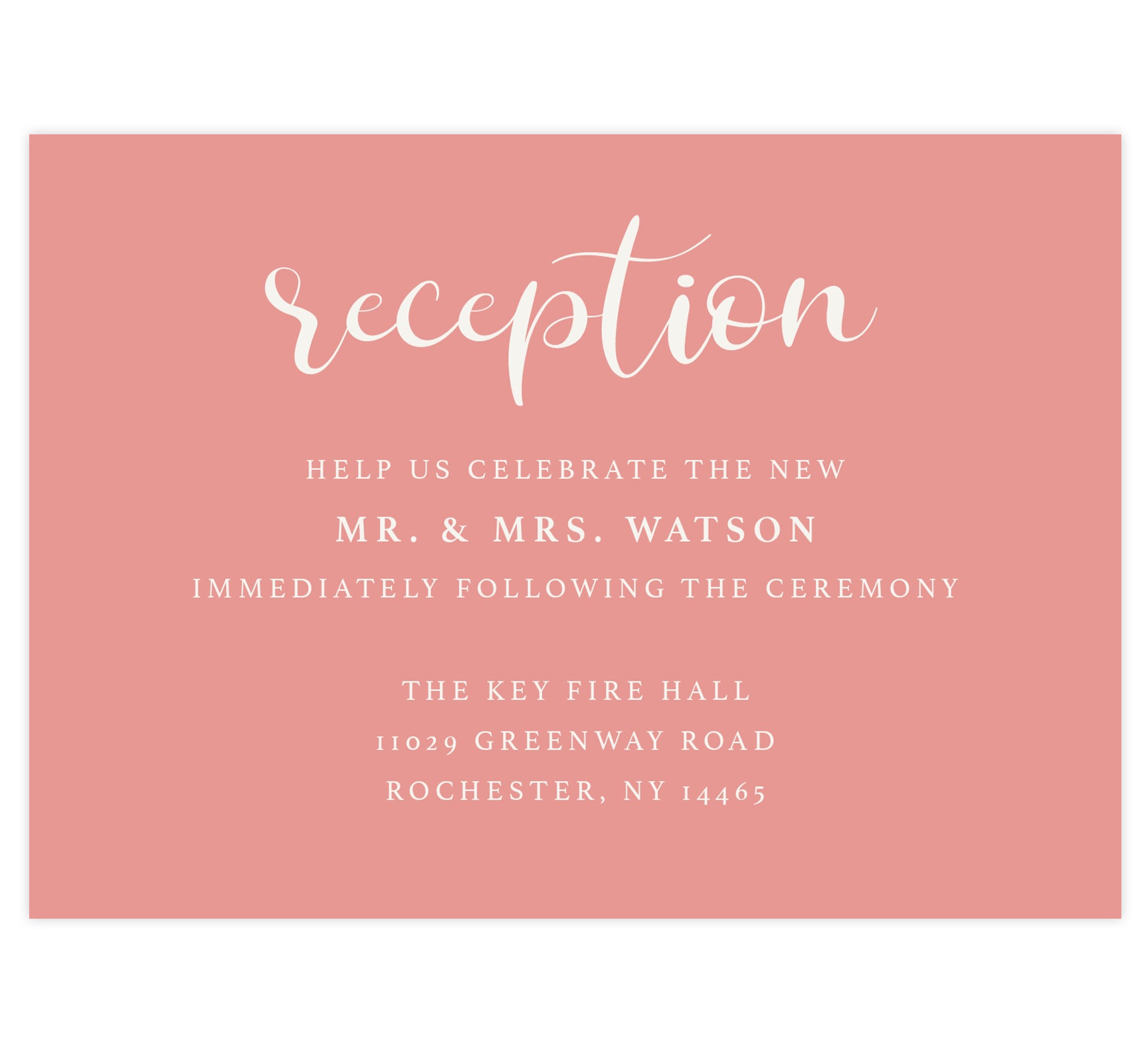 Bright and Beautiful wedding reception card; pink background with white text