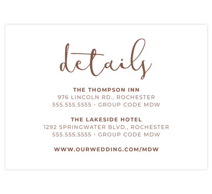 Fantasy Love wedding accommodations/details card; white background with brown text