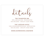 Load image into Gallery viewer, Fantasy Love wedding accommodations/details card; white background with brown text
