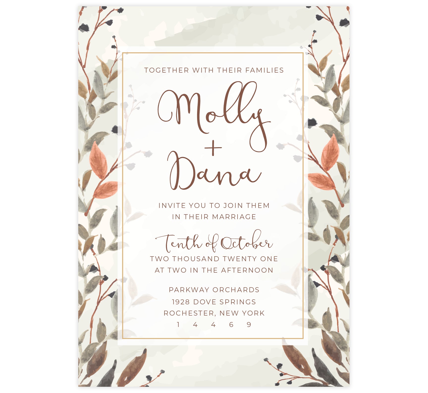 Fantasy Love wedding invitation card; watercolor neutral colored background with brown text