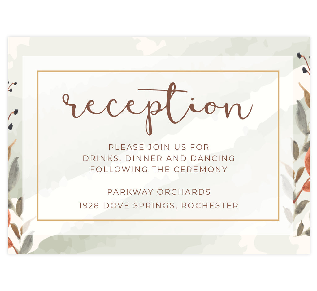 Fantasy Love wedding reception card; watercolor leaves background with brown text