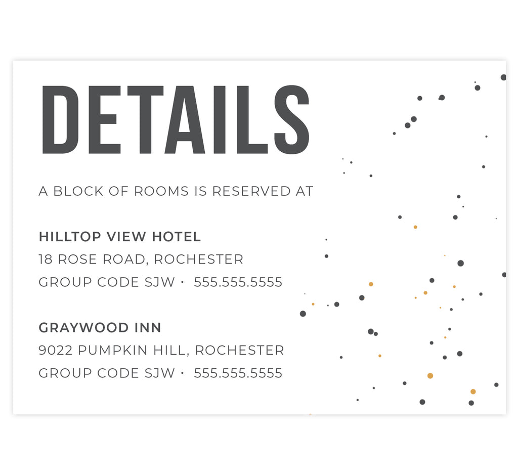 Modern Bold wedding accommodations/detail card; white background with gray and gold dots on the right side and gray text