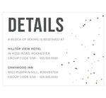 Load image into Gallery viewer, Modern Bold wedding accommodations/detail card; white background with gray and gold dots on the right side and gray text
