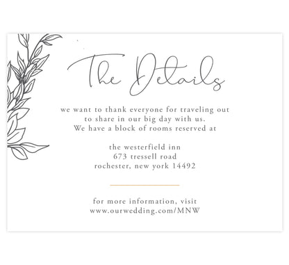 Hand Drawn Frame Details/Accommodations Wedding Card; white background with black hand drawn leaves elements and gold divider
