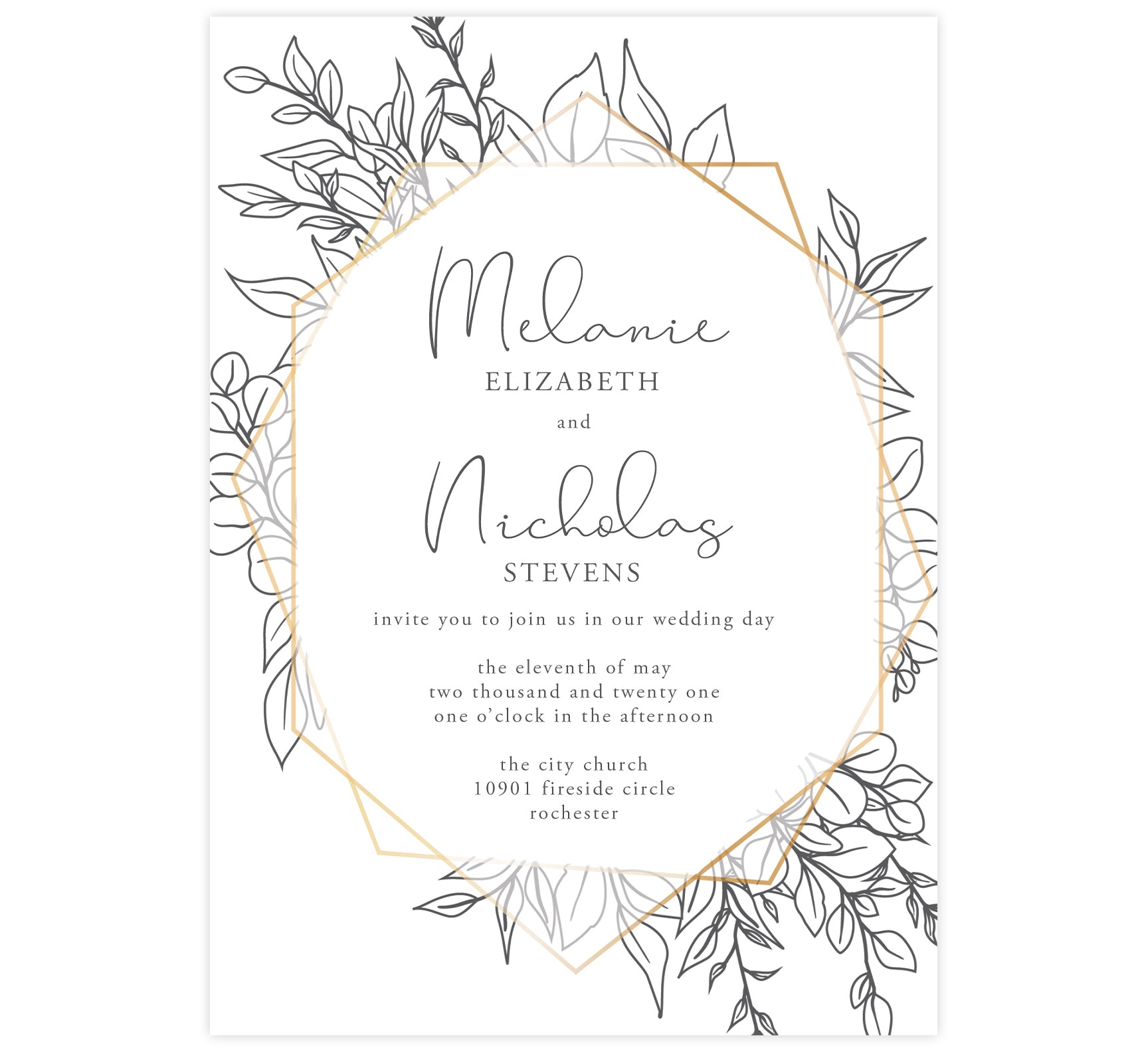 Hand Drawn Frame Wedding Invitation; white background with gold geometric frame and black hand drawn greenery around the frame