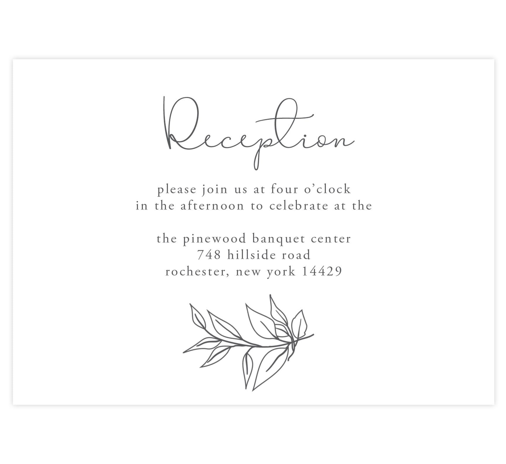 Hand Drawn Frame wedding reception card; white background with black hand drawn greenery 