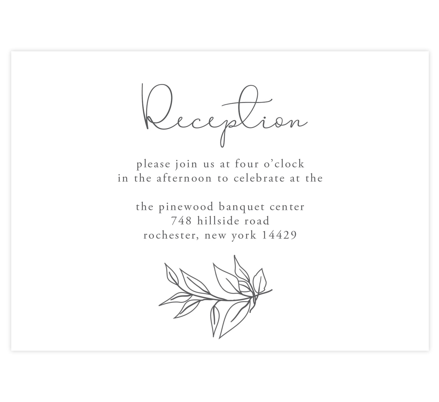 Hand Drawn Frame wedding reception card; white background with black hand drawn greenery 