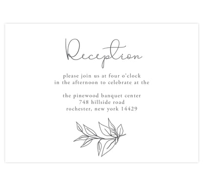 Hand Drawn Frame wedding reception card; white background with black hand drawn greenery 