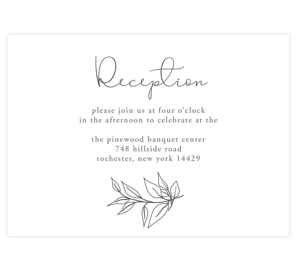Hand Drawn Frame wedding reception card; white background with black hand drawn greenery 