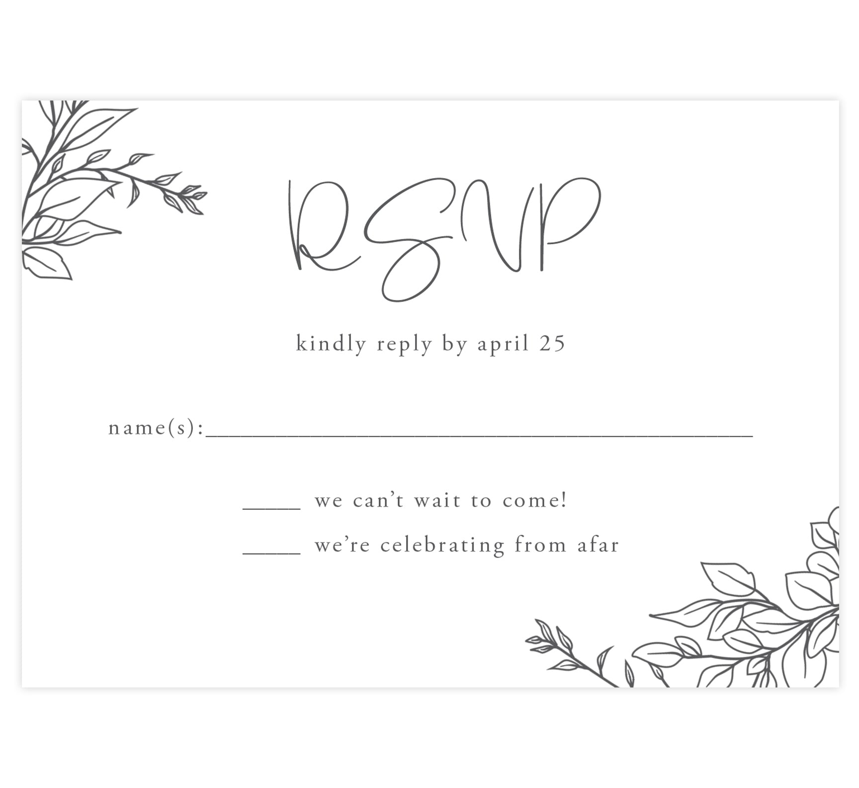 Hand Drawn Frame Wedding Response Card; White background with black hand drawn greenery in the corners