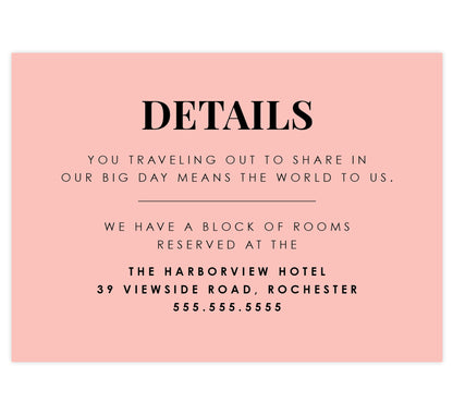 Watercolor Wreath Wedding Accommodations/Details Card; Pink background with black text overtop