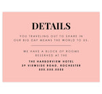 Load image into Gallery viewer, Watercolor Wreath Wedding Accommodations/Details Card; Pink background with black text overtop
