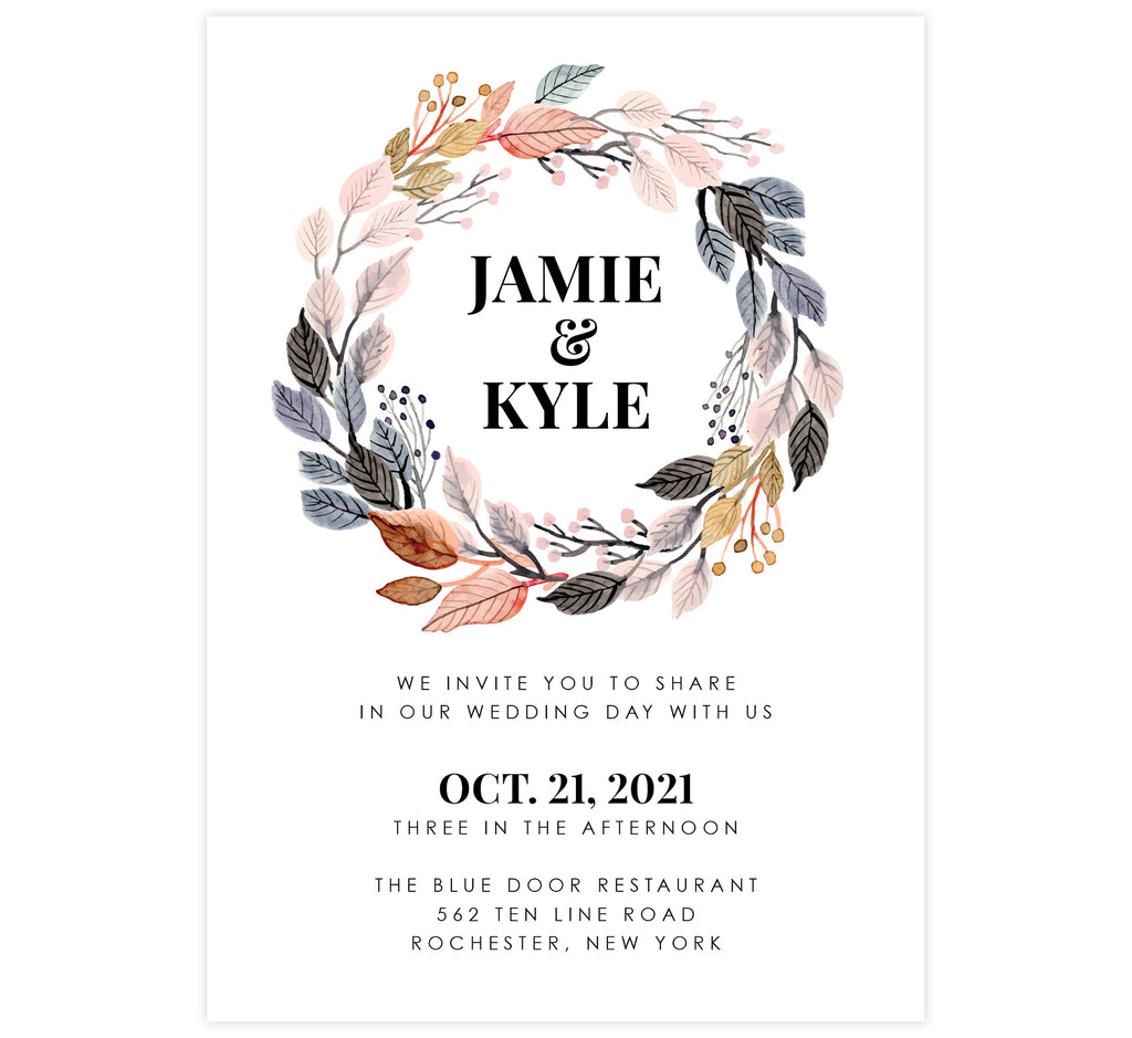 Watercolor Wreath Wedding Invitation; White background with black text and color watercolor frame